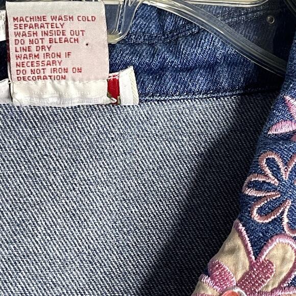 Vintage Denim Womens XL Jacket Pink Embroidered Flowers Butterflies Toffee Apple - Picture 8 of 10